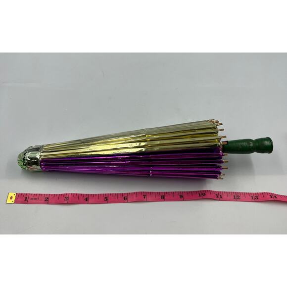 Vintage Shiny Metallic Asian Umbrella Decorative Purple Gold Green Geisha - Picture 3 of 9